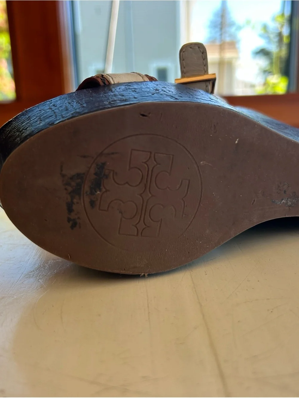 Tory Burch White and Brown Wedge Sandals with Gold Buckle Detail